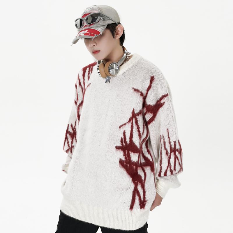 Outdoor Wear - ニット メンズ ニットセーター ストリート系 ラグラン袖 丸首 刺繡 グラフィックプリント 秋冬 ブラック レッド系 アイボリー