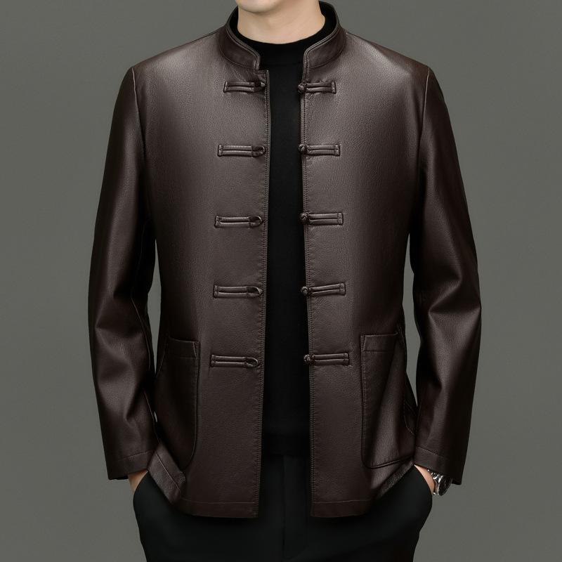 ジャケット メンズ 男性用 レザージャケット スタンドカラー 唐装風 PUレザー 秋冬 普段使い 合皮 ブラック 黒系 ブラウン 茶色系