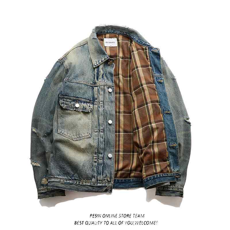 ジャケット メンズ 男性用 デニム ダメージ ウォッシュ加工 Gジャン ブルゾン ルーズフィット コットン 綿 若者 ブルー 秋 アウター(x2)