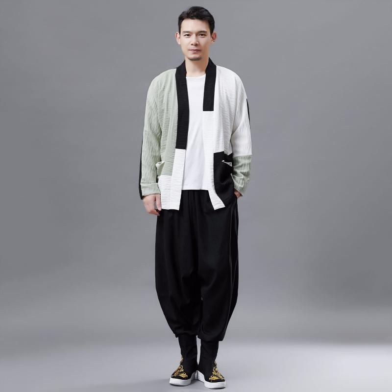 シャツ メンズ 長袖 拼色 立襟 レトロ チャイナ風 カジュアルシャツ ポリエステル 春秋