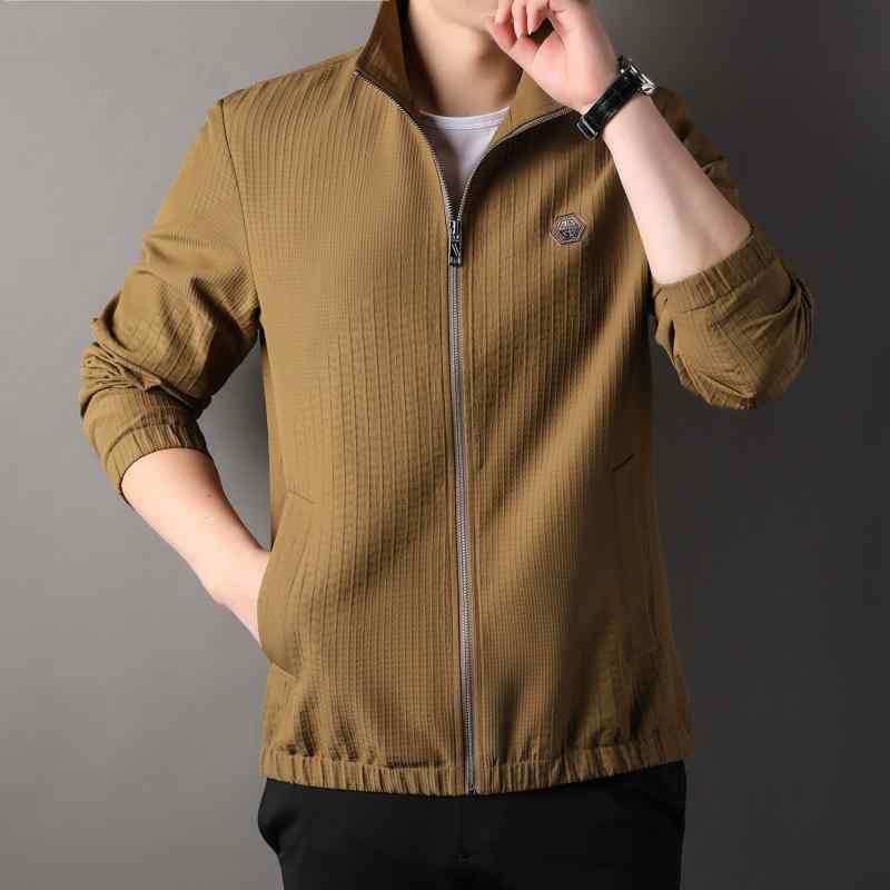 ジャケット メンズ 男性用 立襟 ブルゾン 春秋 アウター カジュアル 無地 綿混紡 通気性 カーキ ブラック