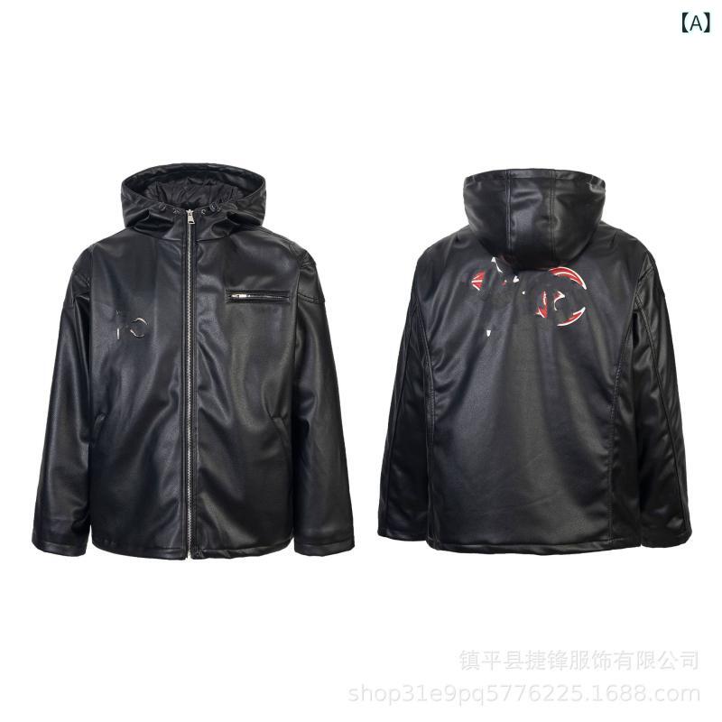 Hawaiian Jewelry - ジャケット メンズ 男性用 秋冬 綿製 フード付き バイクウェア レザージャケット ライダースジャケット ブルゾン アウター ブラック