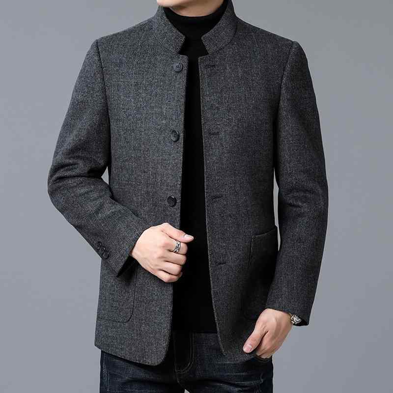 ジャケット 男性用 ウール混 ミドル丈 アウター 秋冬 立襟 防風 無地 グレー