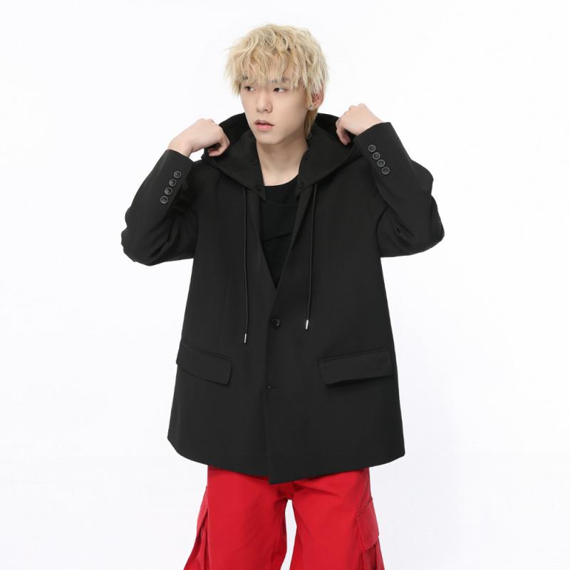 ジャケット メンズ 男性用 春物 韓国 アメカジ レトロ 小众 フード付き スーツ地 ブラック カーキ