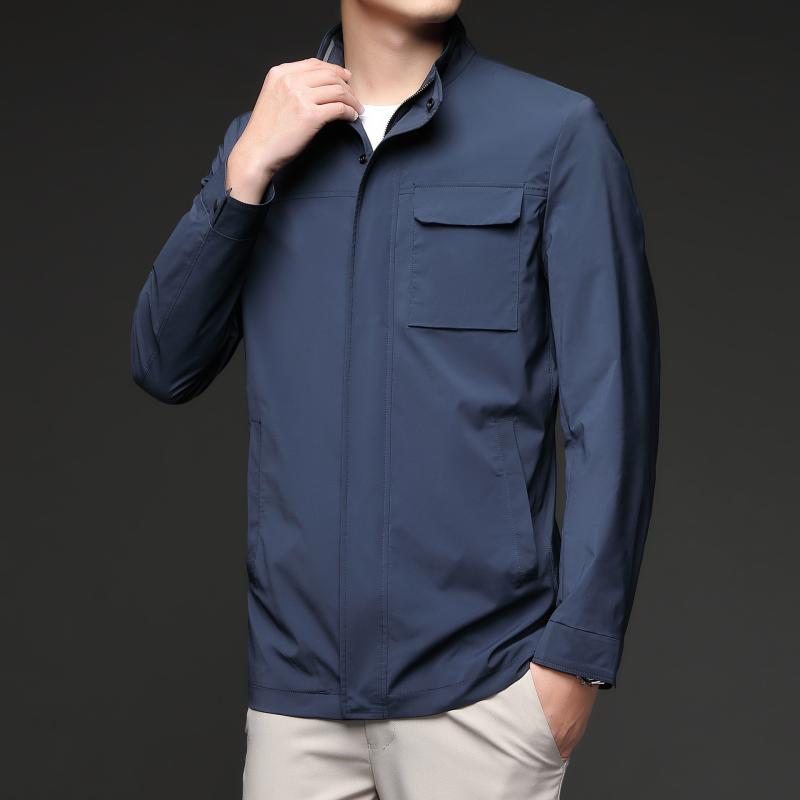 ジャケット メンズ 男性用 ブルゾン スタンドカラー 紳士服 アウター スポーティ カジュアル 普段使い 長袖 ポリエステル 無地 春秋 グレー ブルー