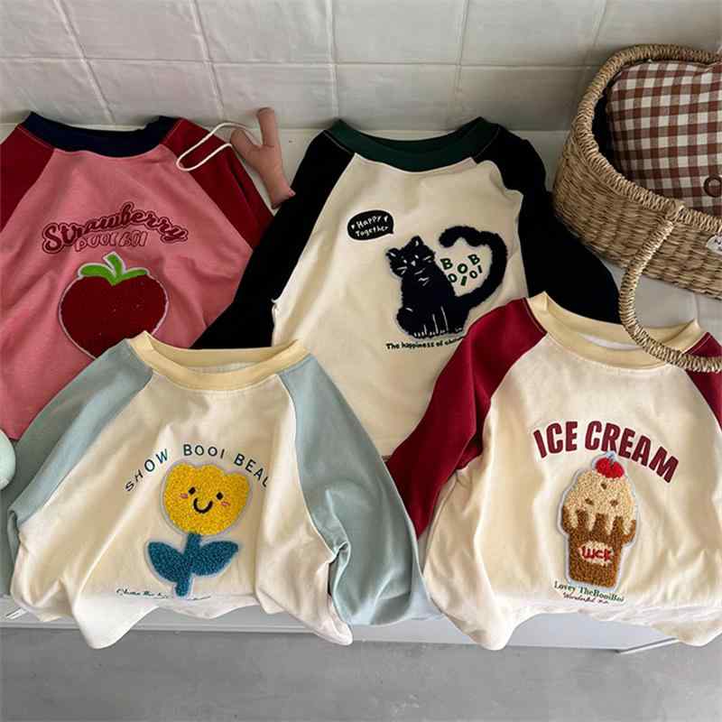 Tシャツ キッズ 男女兼用 子供服 コットン 春秋 長袖 肩落ち かわいい 切り替え 配色 トップス カットソー 普段着 80cm 90cm 100cm 110cm 120cm 130cm 140cm 150cm ブラック ブルー レッド ピンク