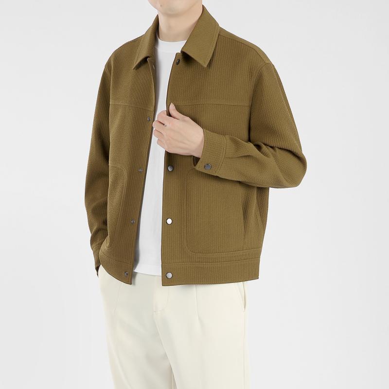 ジャケット 男性用 春秋 カジュアル トップス ストライプ模様 texture感 無地 襟付き ショート丈 ポリエステル混紡 ブラウン系 グレー ブラック