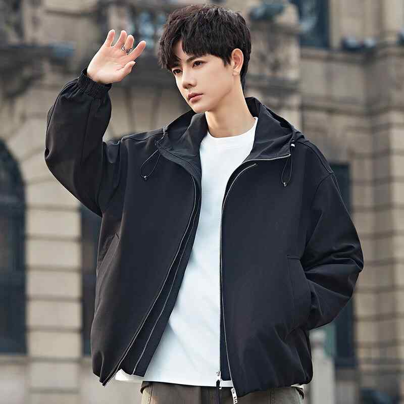 ジャケット メンズ 男性用 耐摩耗 防風 アウター 春秋 カジュアル ゆったり 韓国 トップス 長袖 リブ 裾 ポリエステル 無地 ミディアムグレー ブラック