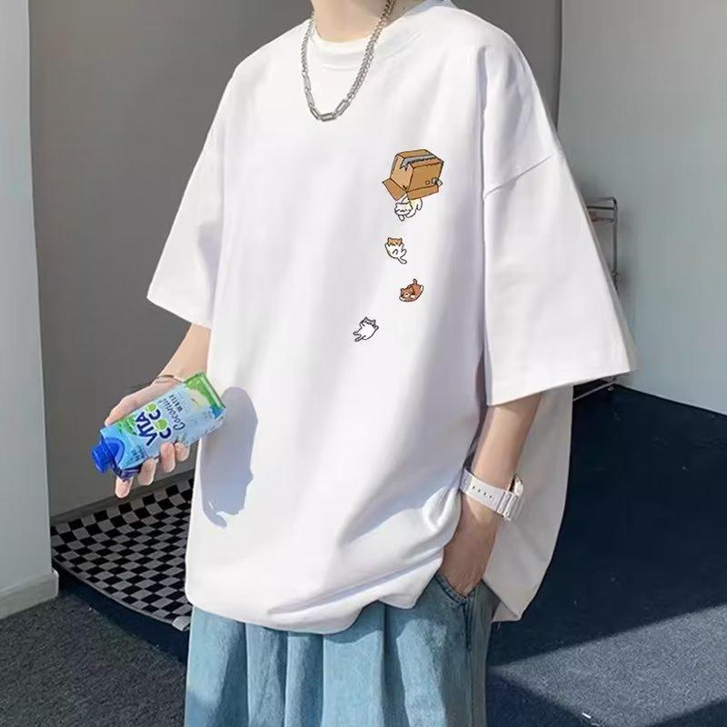 Tシャツ メンズ 男性用 半袖 コットン ゆったり トップス カットソー プリントTシャツ 五分袖 ラウンドネック スポーティ カジュアル ブラック ホワイト
