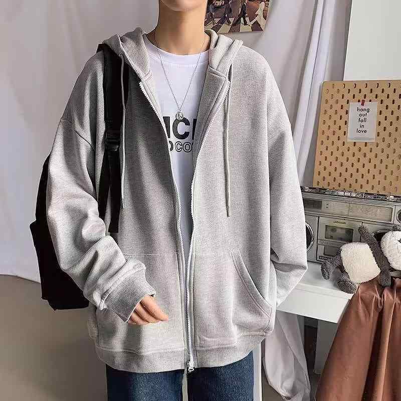 パーカー メンズ 春秋 無地 ジップアップ フーディ 長袖 ポリエステル ルーズ 18-24歳 ブラック グレー ライトグレー ポケット