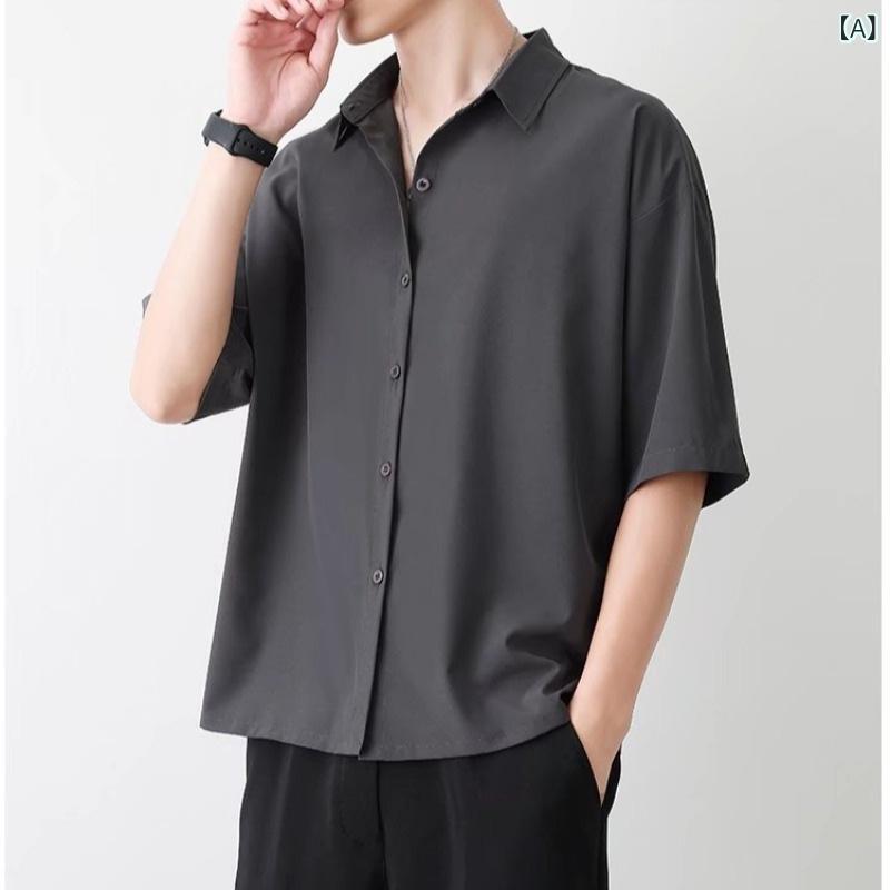 シャツ メンズ 男性用 春夏 接触冷感 半袖 ポリエステル 無地 立襟 5分袖 カーディガン トップス 部屋着 ルームウェア