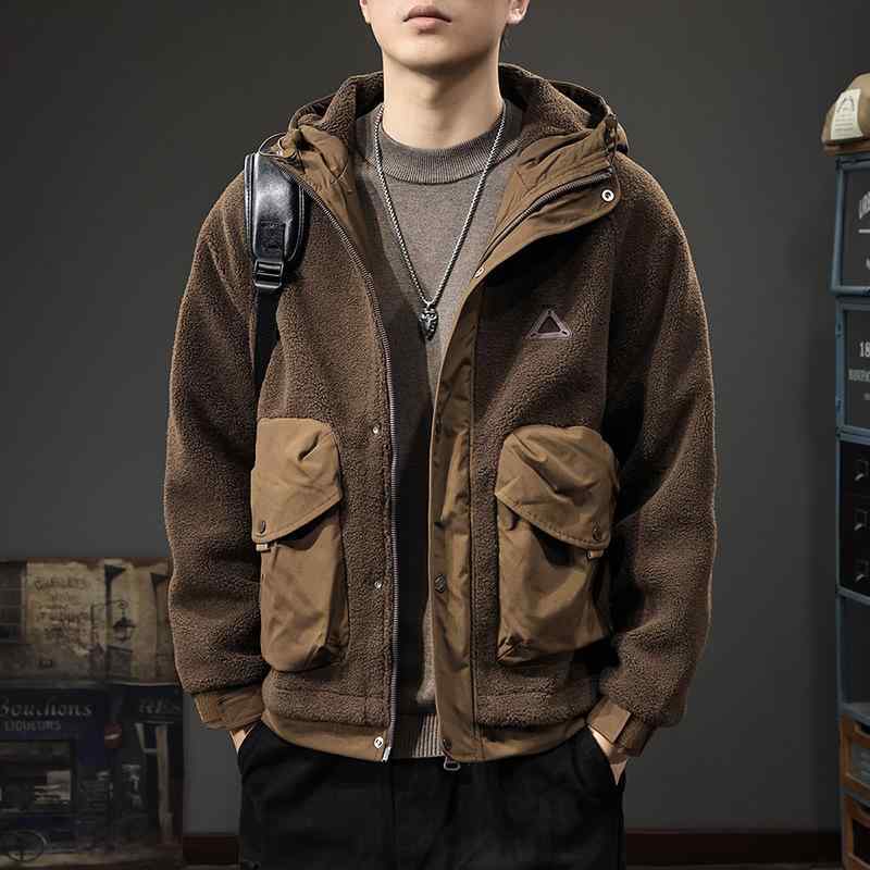 ジャケット メンズ 秋冬 ボア アウター フリース ワークジャケット パーカー ブルゾン ジャンパー 立ち襟 配色 防寒 暖かい ゆったり 大きいサイズ ポリエステル ブラック カーキ