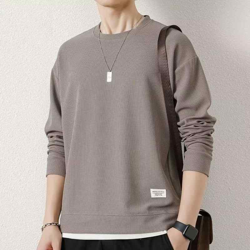 Tシャツ メンズ 男性用 ワッフル 長袖 カットソー プルオーバー トップス ラウンドネック 部屋着 リラックスウェア 伸縮性 春秋 無地 紺色 黒 グレー ブルー ベージュ
