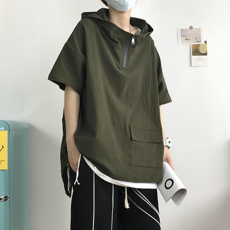 Tシャツ メンズ 半袖 薄手 高街 パーカー トップス カットソー 接触冷感 涼しい 無地 体型カバー ゆったり ドロップショルダー スポーティー オリーブグリーン ブラック ホワイト