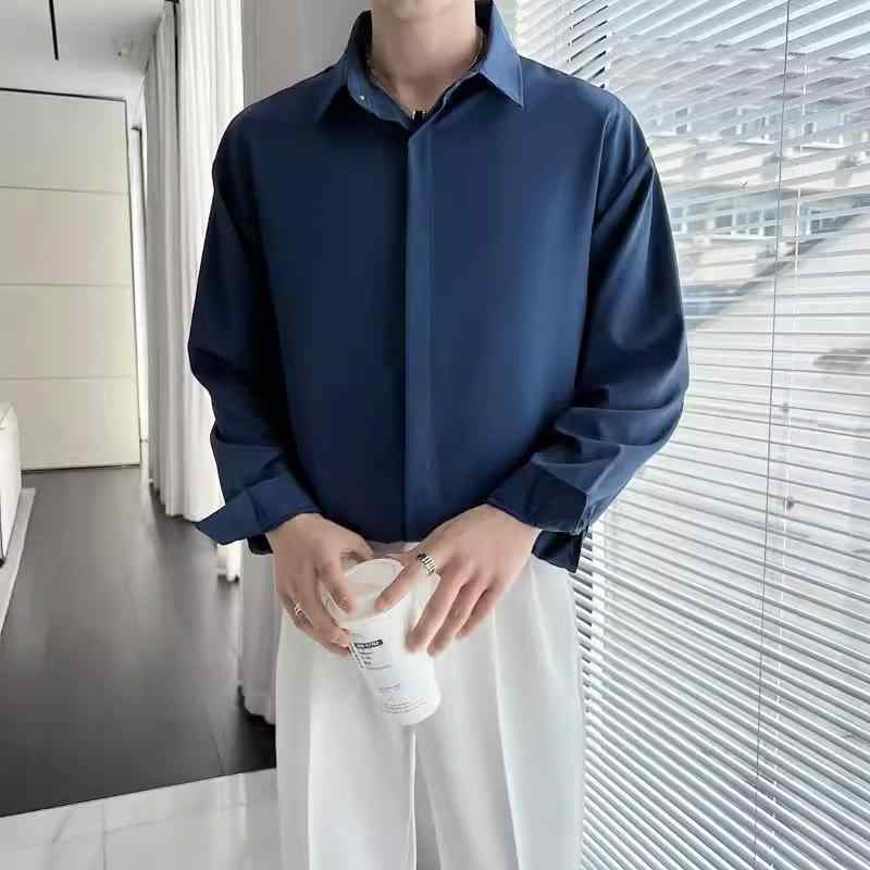 シャツ メンズ 男性用 トップス 韓国 長袖 無地 薄手 ドロップショルダー オーバーサイズ ゆったり 春秋 ポリエステル ブラック ホワイト グリーン ブルー カーキ