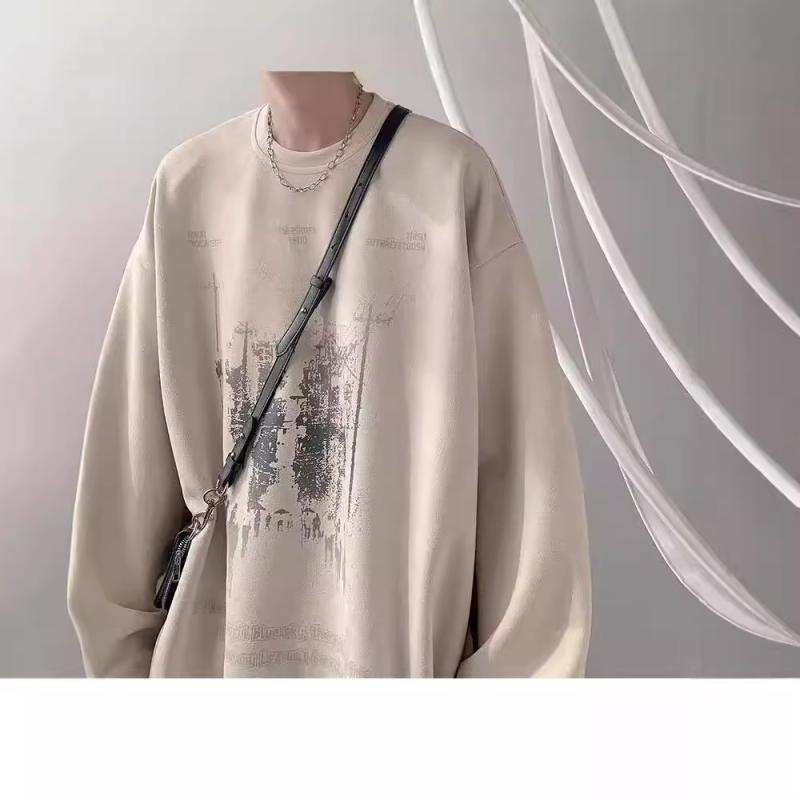 Tシャツ メンズ 男性用 長袖 春秋 高街 スウェット トレーナー プルオーバー リラックスフィット 宽松 普段使い ポリエステル ブラック 黒 杏色