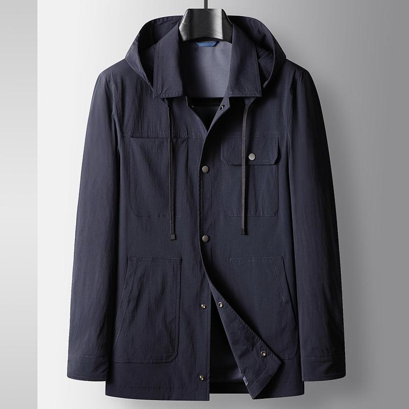 ジャケット メンズ 男性用 春秋 撥水 防風 2WAY 脱着フード付き ミドル丈 アウター 紳士服 ビジネス カジュアル 無地 ブルー グレー ホワイト