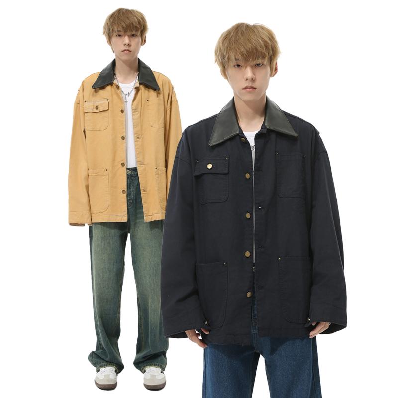 ジャケット 男性用 秋冬 韓国 レトロ コットン 切り替え レザー襟 パッチポケット 肩パッド ワークジャケット カーキ ネイビー