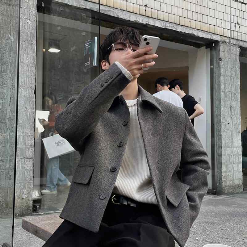 コート メンズ テーラード 秋冬 韓国 ショート丈 ウールライク メルトン ミドルグレー 無地 厚手 若者 普段使い