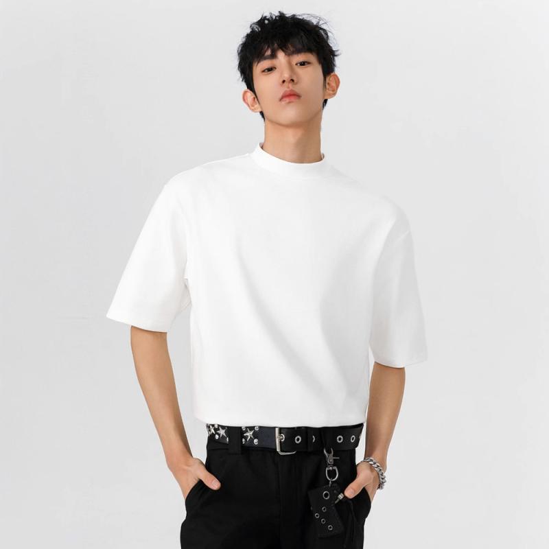 Tシャツ メンズ 半袖 薄手 ハーフハイネック ポリエステル トップス カットソー 無地 ルーズフィット カジュアル スタイル 普段使い