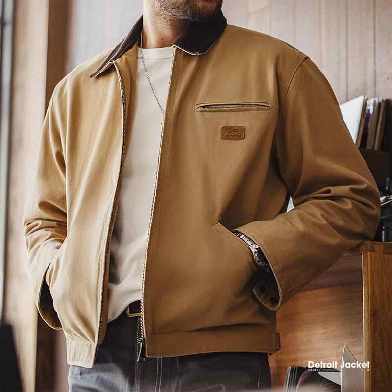 ジャケット 男性用 アメリカンレトロ ワークジャケット ヘビーキャンバス 襟付き アウター カーキ ブラック 無地