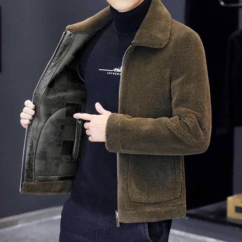 ジャケット 男性用 秋冬 皮毛一体 両面 防寒 颗粒绒 アウター 羽織り 襟付き ポリエステル混紡 グレー ブラック カーキ コーヒー