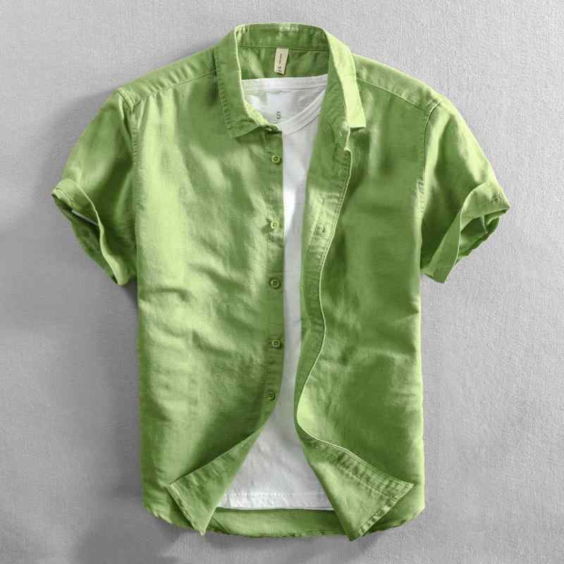 シャツ メンズ 男性用 麻 リネン混紡 半袖 トップス カジュアルシャツ 纯色 無地 開襟シャツ レギュラ..