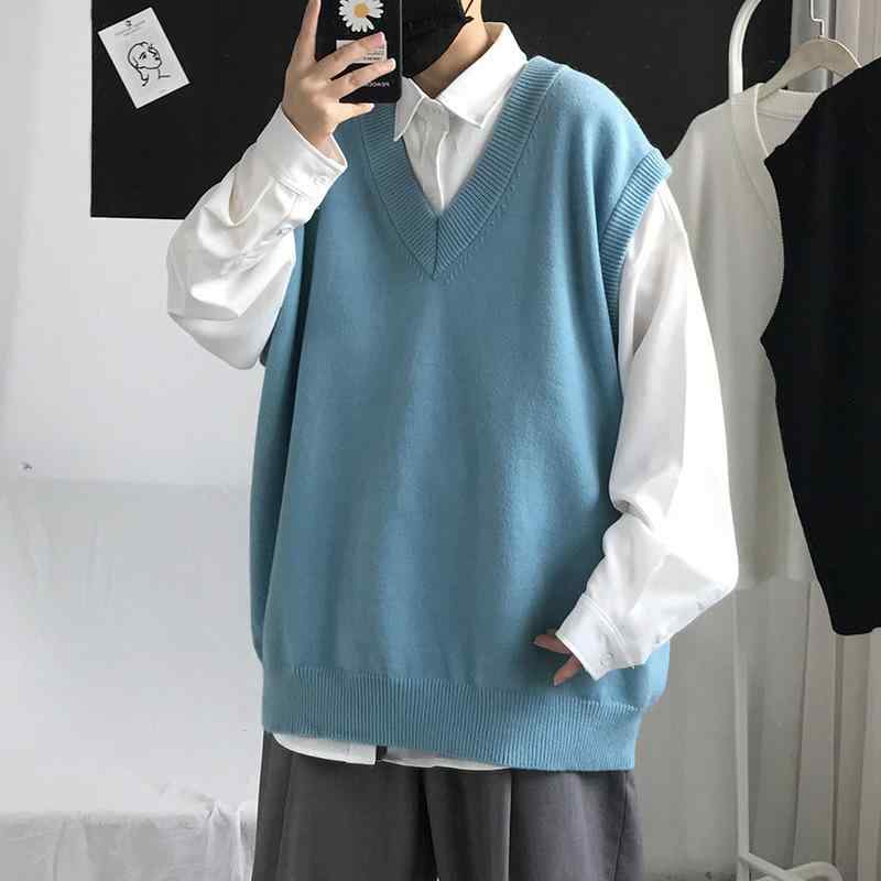 ニット メンズ Vネック トップス ノースリーブ 無地 春秋 レイヤード 重ね着 カジュアル 韓国 薄手 白 黒 青