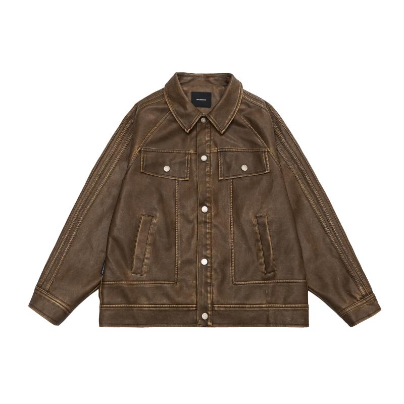 レザージャケット メンズ PUレザー 春物 アウター 紳士 襟付き ライダースジャケット ブルゾン ジャンパー ポケット付き 深棕色 灰緑