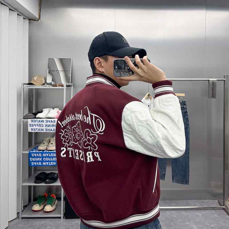 ジャケット メンズ 男性用 配色 切り替え スタジャン ブルゾン ウール混紡 厚手 春秋 カジュアル ワインレッド系