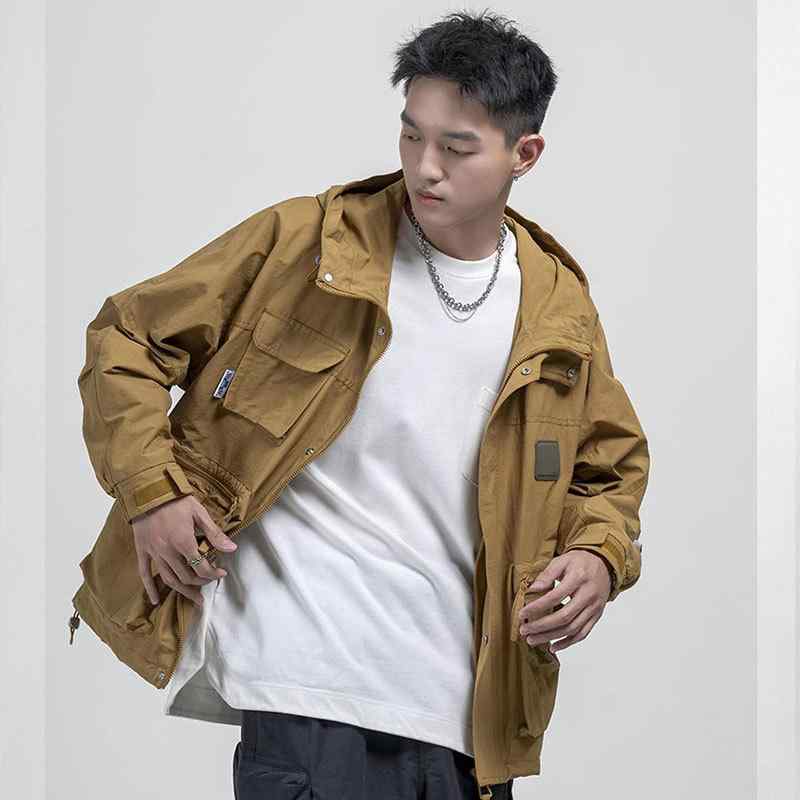 Hawaiian Jewelry - ジャケット メンズ 男性用 黒 多ポケット 連帽 フード付き ワーク ウェア ブルゾン アウター ゆったり 綿 秋