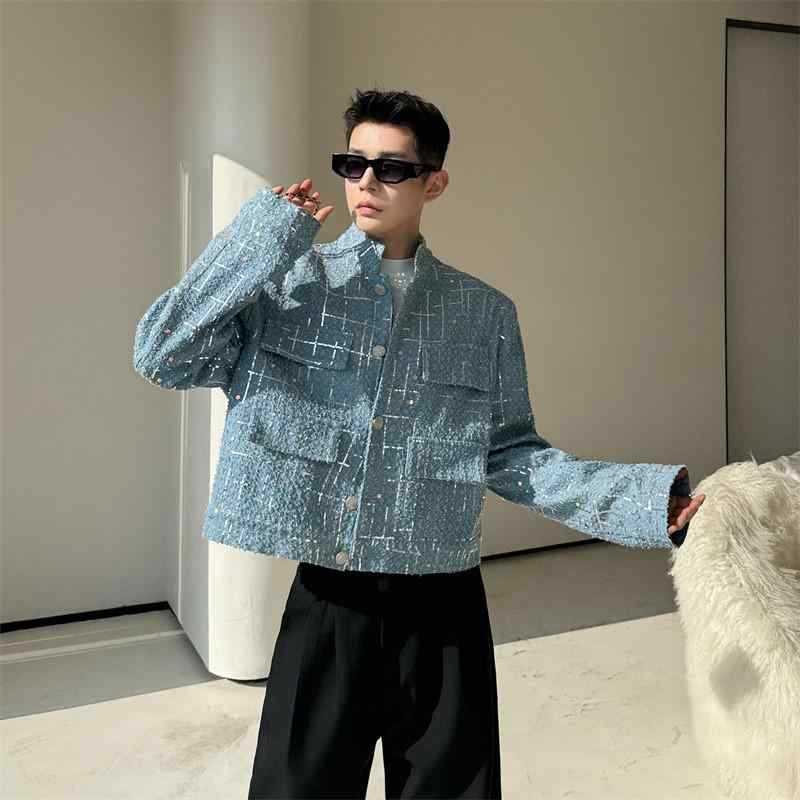 ジャケット 男性用 Gジャン デニム 立襟 ショート丈 春秋 カジュアルスタイル ワークテイスト パッチポケット ブルー