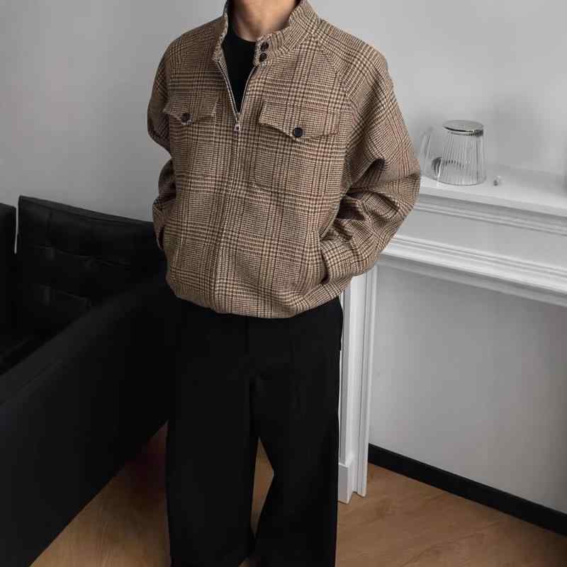 ジャケット メンズ 立襟 千鳥格子柄 ウールブレンド ハリントンジャケット ショート丈 ルーズフィット コットン 春秋 カジュアルスタイル アウター 深棕色/米白