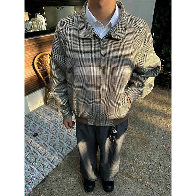 ジャケット メンズ アウター 千鳥格子柄 ブルゾン レトロ 豪華感 襟付き ショート丈 ハリントンジャケット リブ裾 竹繊維 ポリエステル ブラウン系 長袖 カジュアル