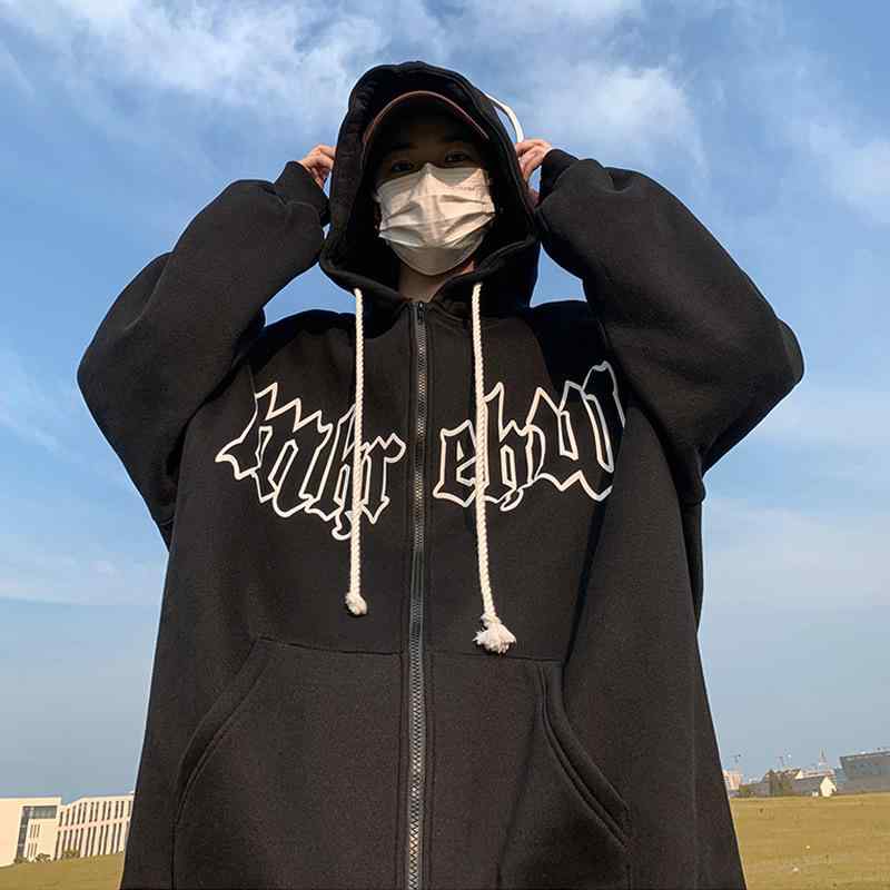パーカー メンズ 韓国 ストリート カジュアル トップス 長袖 ルーズフィット フード付き ジップアップ スウェット 春秋 ポリエステル プリント 普段着