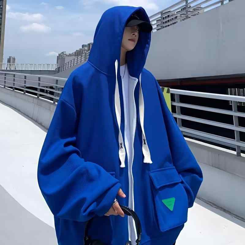 パーカー メンズ 男性用 長袖 ルーズフィット ジップアップ フーディ 春秋 グレー グレー 白 ホワイト 黒 ブラック ブルー ポリエステル