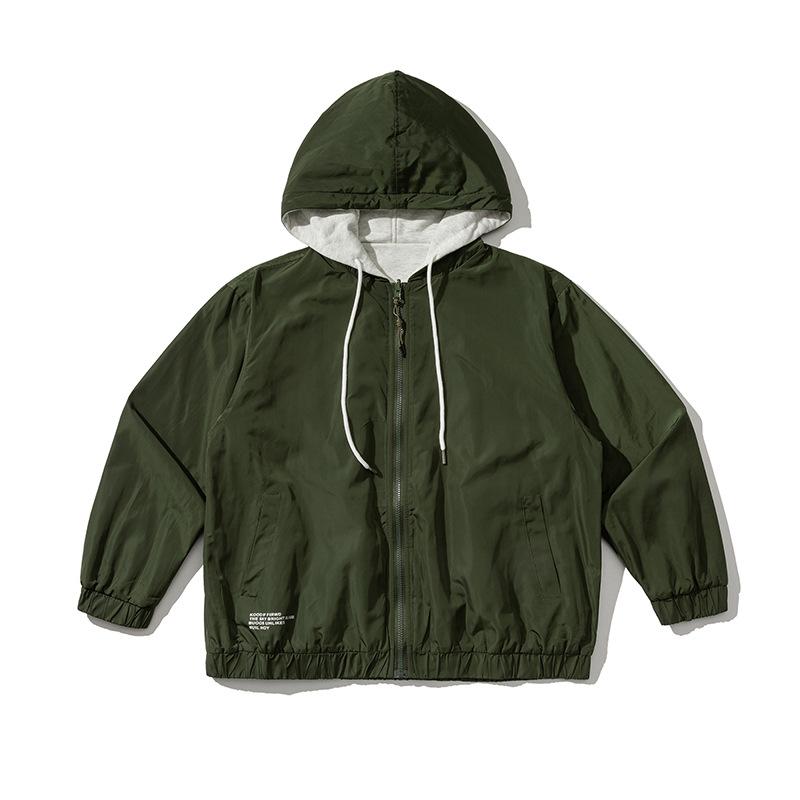 ジャケット メンズ 男性用 リバーシブル 長袖 アウター フード付き 日系 レトロ 古着風 ゆったり ブラック 黒 グリーン 緑 ポリエステル 無地 カジュアル ミドル丈(x2)