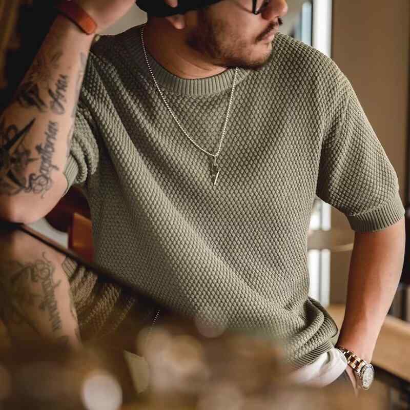 Tシャツ メンズ 半袖 ニット トップス ストリート系 ヒップホップ クルーネック 無地 薄手 普段使い 部屋着 春夏 グリーン