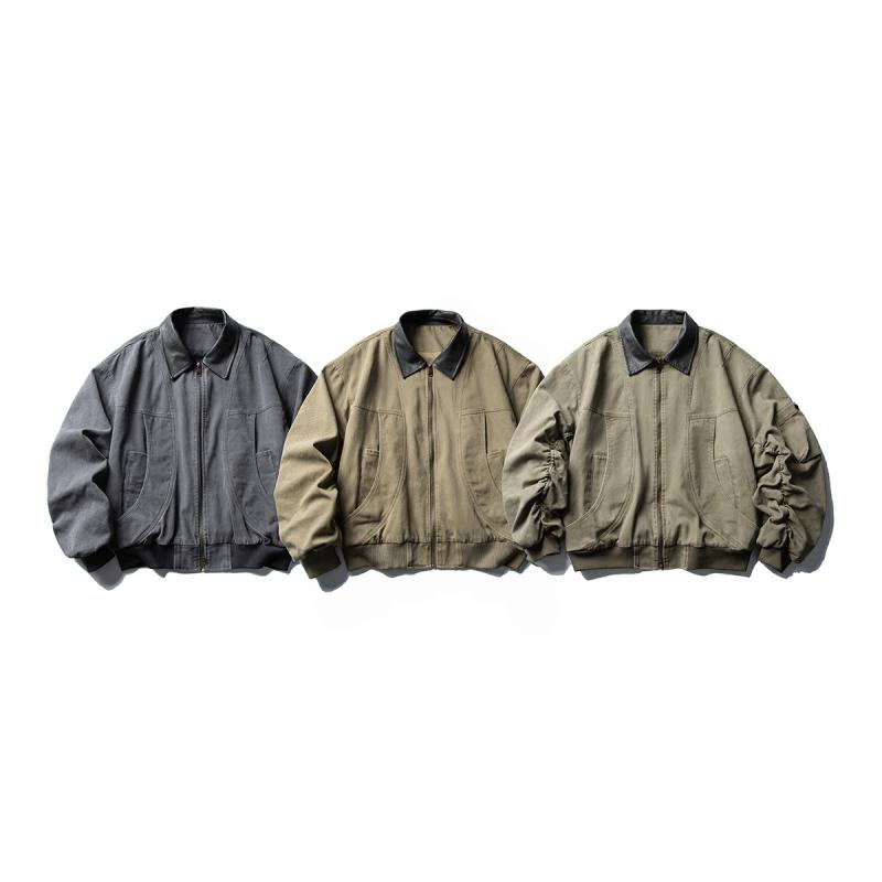 ジャケット 男性用 ブルゾン cleanfit 水洗い 秋物 カーキ 灰緑 グレー 綿 日系レトロ 襟付き ポケット