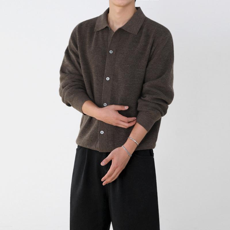 ニットカーディガン メンズ 襟付き 秋冬 韓国 リブ 裾 ゆったり 粘纤 伸縮性 カフェ色