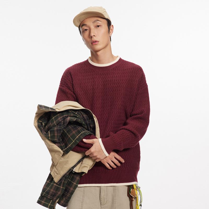 ニット メンズ セーター 長袖 配色 クルーネック プルオーバー ゆったり グレー ベージュ ワインレッド 日系 レトロ 秋