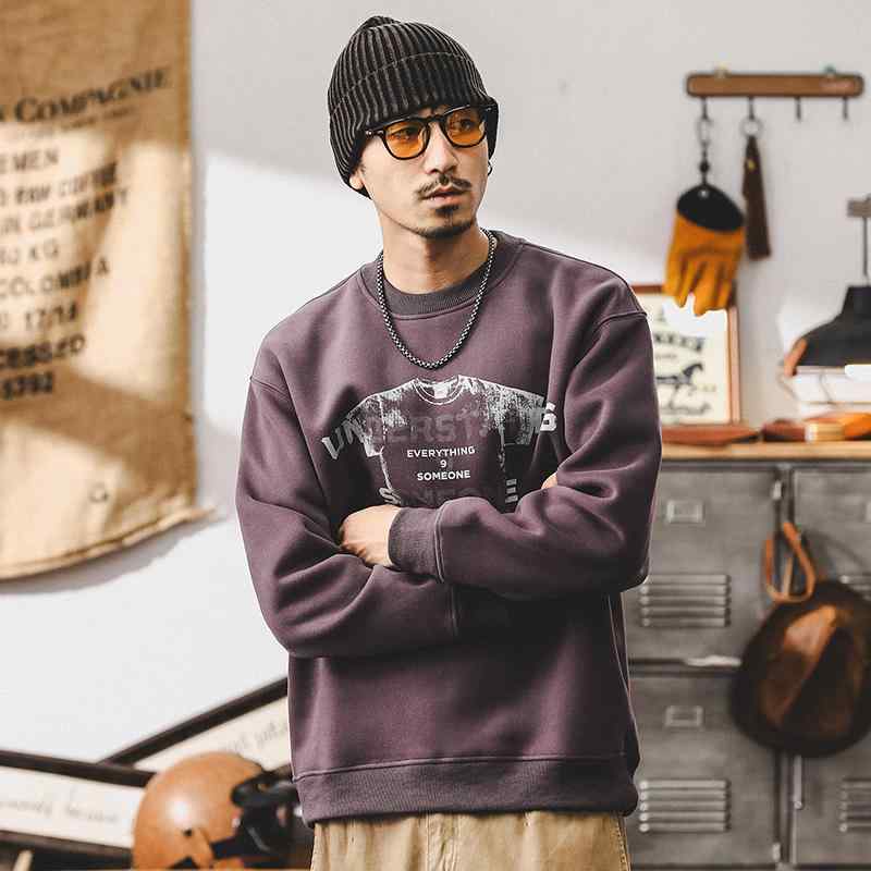 スウェット メンズ トレーナー 長袖 薄手 コットン トップス プルオーバー ラウンドネック ドロップショルダー プリント 紫 ブラック ダークグレー カーキ リラックス カジュアル
