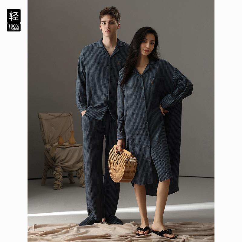 パジャマ レディース メンズ 長袖 ダブルガーゼ 綿 上下セット Vネック ルームウェア 寝巻き 部屋着 春秋 快適 宽松
