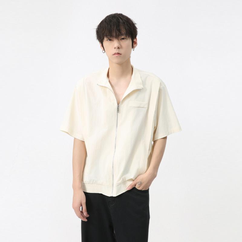 シャツ メンズ 男性用 半袖 立襟 無地 ポリエステル ジップアップ カジュアル トップス 春夏 韓国 普段使い 部屋着 グリーン系 アイボリー