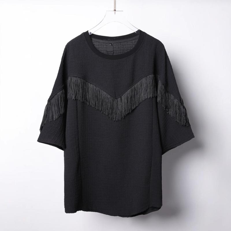 Tシャツ メンズ 男性用 ゆったり ラウンドネック 半袖 コットン 薄手 切り替え 5分袖 黒 ドロップショルダー 通気性