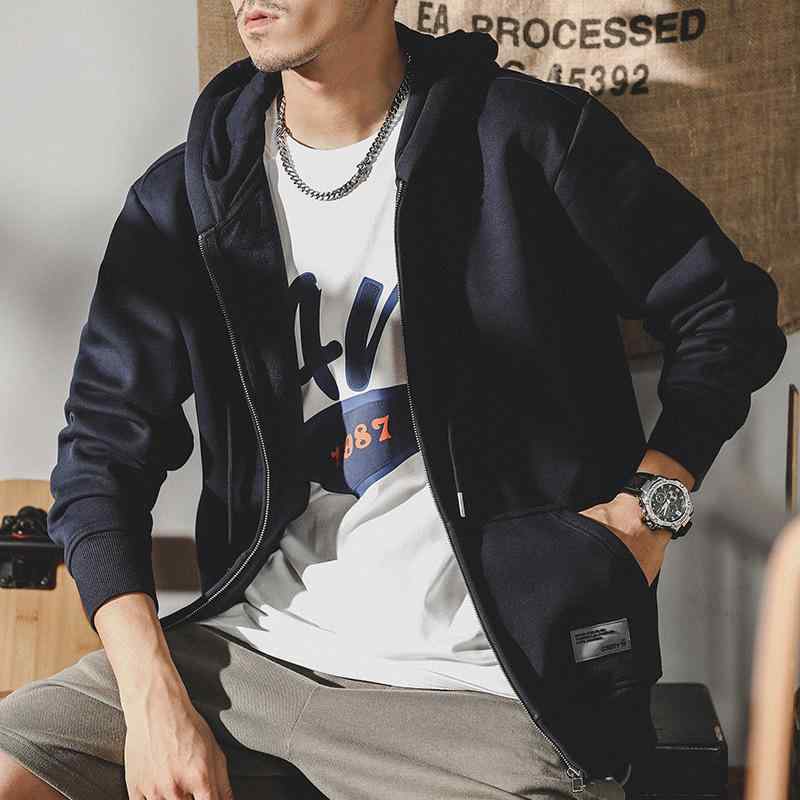 パーカー メンズ 男性用 ジップアップ スウェット トレーナー フーディ 春秋 綿 ルーズフィット ラグラン袖 ドロップショルダー ポケット付き ブルー系 ブラック