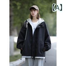 LINEAR shopのジャケット メンズ レディース 男女兼用 春秋 アウトドア 配色 防風 フード付き ジャンパー ブルゾン スポーツウェア ゆったり ブラック系｜アングル2