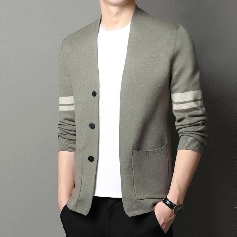 ニットカーディガン メンズ ニットジャケット Vネック 長袖 リブ 普段使い 韓国 カジュアル 部屋着 春秋 ブラック カーキグリーン(x2)