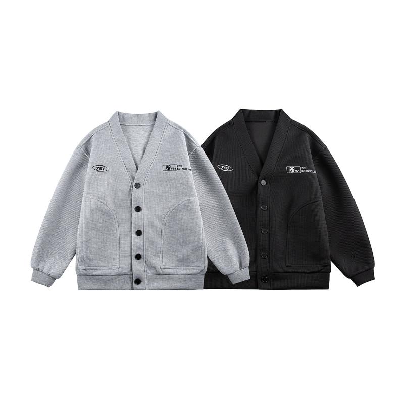 パーカー メンズ Vネック カーディガン 刺繍 ポリエステル 混紡 トップス ライトグレー ブラック 普段使い カジュアルスタイル