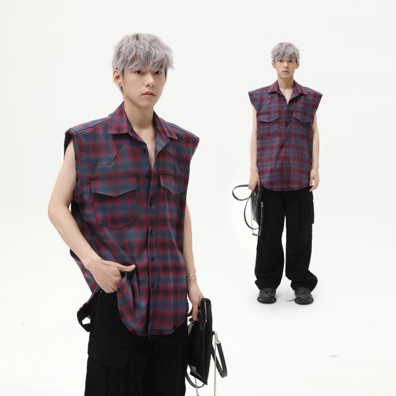シャツ メンズ 男性用 ノースリーブ 襟付き 格子柄 ポリエステル トップス カットソー 配色 パープル